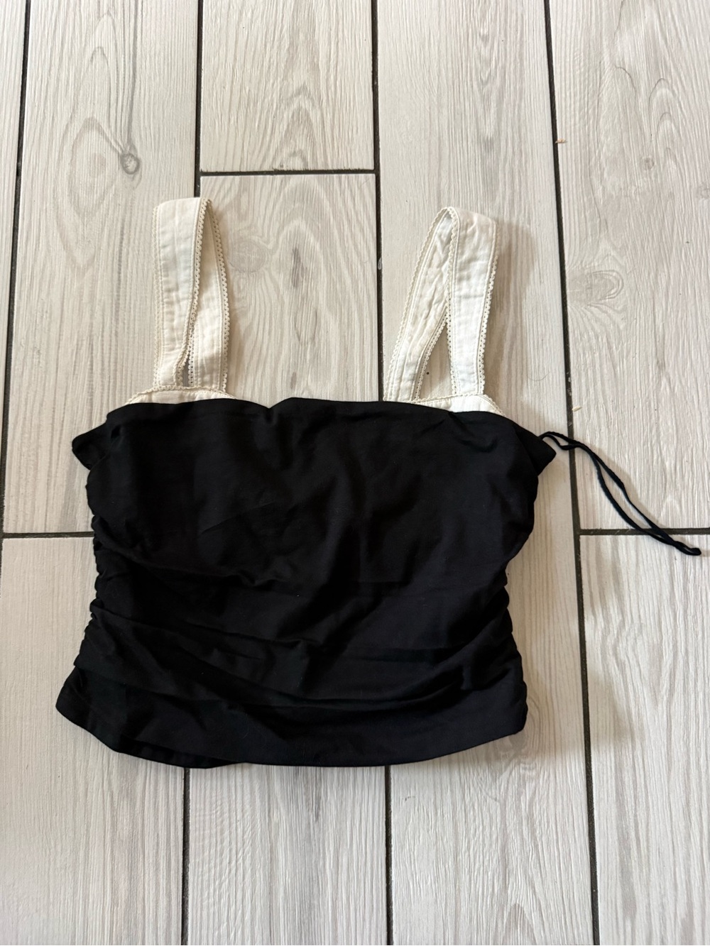 Free People Black Ruched Crop Top with Cream Straps